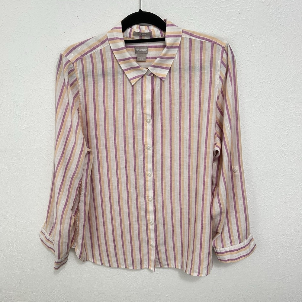 Chicos Pink Colorful Striped Linen Top Blouse No Iron Roll Tab Sleeve Size 2 (L)